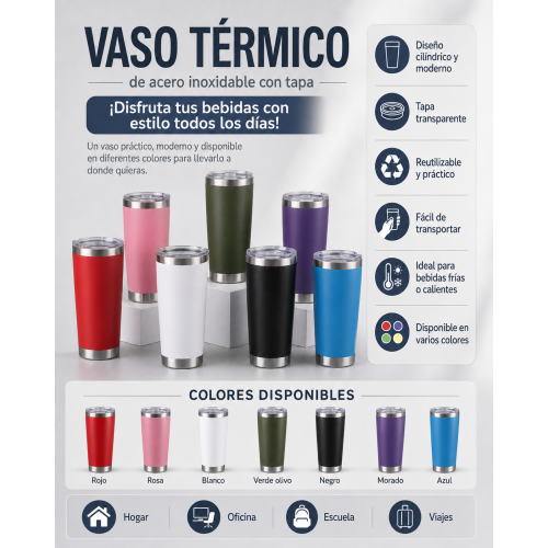 Vaso térmico reutilizable de diseño alto y elegante, ideal para mantener bebidas frías o calientes durante el día. Su formato compacto facilita transportarlo y utilizarlo en casa, oficina, escuela o viajes.