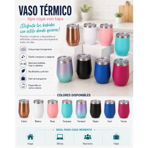 Vaso reutilizable de diseño compacto y elegante, ideal para disfrutar café, té, agua, jugos y otras bebidas. Su formato tipo copa facilita el agarre y cuenta con tapa transparente para mayor comodidad.