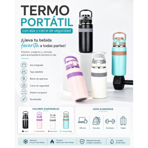 Botella térmica reutilizable con diseño moderno y asa superior para transportarla cómodamente. Su tapa con botón de apertura y seguro ayuda a mantener la bebida protegida durante el uso diario.