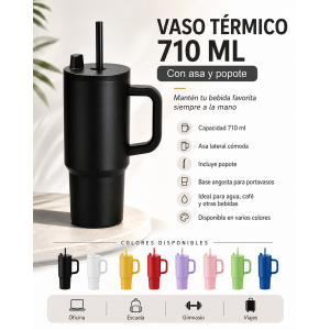 Vaso reutilizable de gran capacidad con diseño moderno, asa lateral y popote. Ideal para llevar agua, jugos, café y otras bebidas a la oficina, escuela, gimnasio, viajes o actividades diarias.