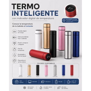 Termo portátil de diseño moderno, equipado con una pantalla digital en la tapa que permite consultar la temperatura de la bebida. Ideal para llevar café, té, agua y otras bebidas a la escuela, oficina, viajes o actividades diarias.