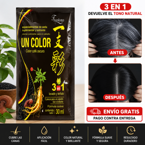 Shampoo con color negro natural de aplicación práctica. Fórmula 3 en 1 para teñir el cabello y mejorar temporalmente la apariencia de las canas. Presentación de 30 ml. Shampoo con color negro natural de aplicación práctica. Fórmula 3 en 1 para teñir el cabello y mejorar temporalmente la apariencia de las canas. Presentación de 30 ml.