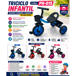 Triciclo Infantil PH-015 con Canastilla, Asiento con Respaldo y Pedales
