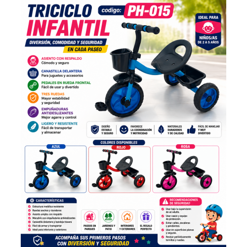 Triciclo Infantil PH-015 con Canastilla, Asiento con Respaldo y Pedales