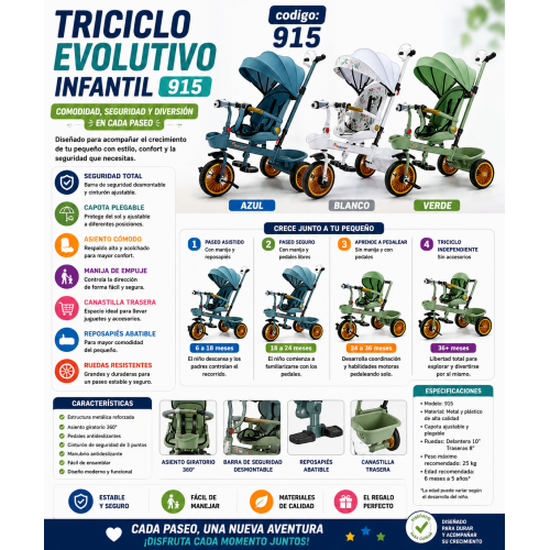 Triciclo Infantil Evolutivo 915 con Capota, Asiento Giratorio y Manija de Empuje
