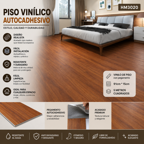 Vinilo de piso autoadhesivo modelo HM3020 con acabado tipo madera, medida 91 cm x 15 cm y cobertura de 5 metros cuadrados. Venta por mayoreo Vinilo de piso autoadhesivo modelo HM3020 con acabado tipo madera, medida 91 cm x 15 cm y cobertura de 5 metros cuadrados. Venta por mayoreo