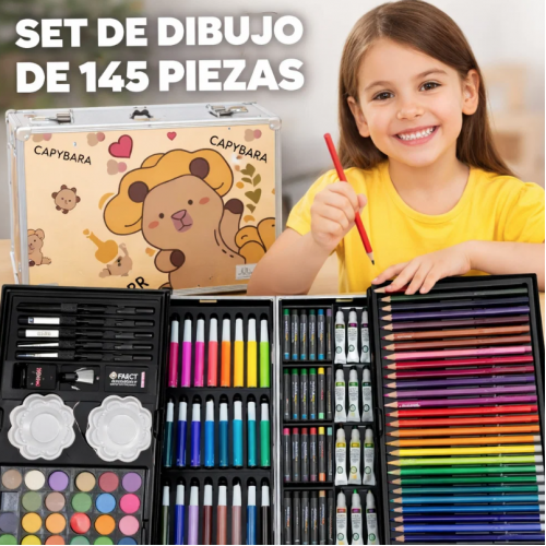 Set de arte de 145 piezas con estuche portátil. Ideal para dibujo, pintura y creatividad. Perfecto para escuela o regalo. Venta por mayoreo