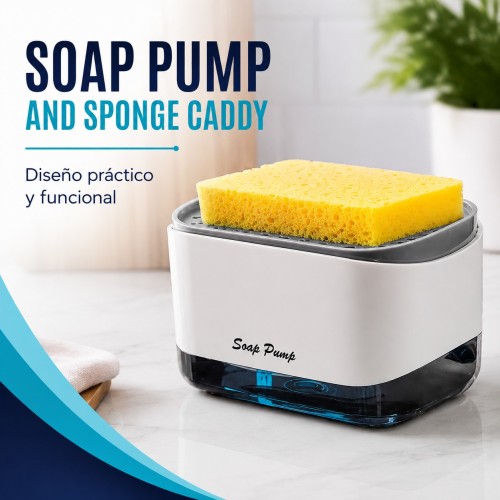 Dispensador de jabón con porta esponja y sistema de presión, ideal para organizar el área del fregadero. Venta por mayoreo