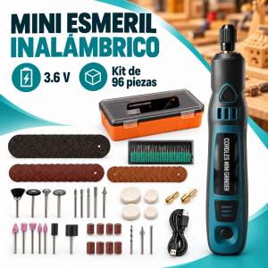 Mini esmeril inalámbrico de 3.6 V con kit de 96 piezas, accesorios para trabajos de detalle, estuche y cable USB. Disponible por mayoreo.