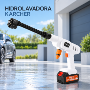 Hidrolavadora inalámbrica tipo pistola con lanza, boquilla múltiple y batería en la base. Diseño portátil para tareas de lavado. Venta por mayoreo.