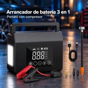 Arrancador de batería portátil 3 en 1 con compresor, pantalla digital y lámpara lateral. Con pinzas y accesorios de inflado. Venta por mayoreo.