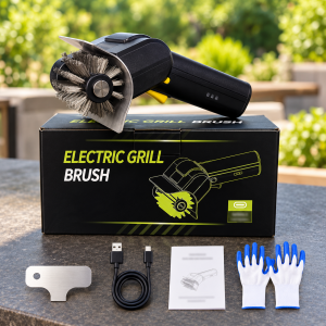 Cepillo eléctrico para limpieza de parrillas con cerdas metálicas. Incluye cable USB, raspador, guantes y manual. Disponible por mayoreo.