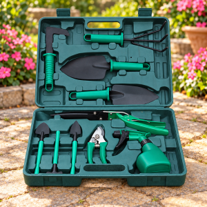 Kit de jardinería con palas, rastrillo, tijeras y atomizador en estuche organizador. Para el cuidado de plantas y macetas. Venta por mayoreo.