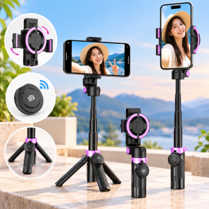 Selfie stick extensible para celular con tripié integrado, soporte giratorio y control remoto. Ideal para fotografías y videos. Venta por mayoreo.