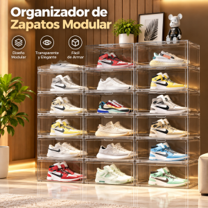 Organizador transparente para zapatos con diseño modular, apilable y acceso frontal. Ideal para mantener el calzado ordenado. Venta por mayoreo.