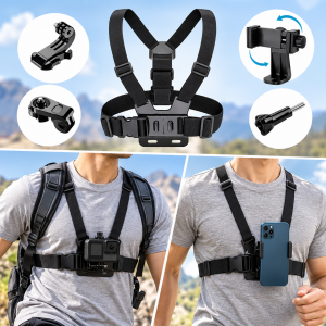 Arnés de pecho ajustable con soporte para celular y cámara de acción. Ideal para grabaciones manos libres, deporte y actividades al aire libre. Venta por mayoreo.