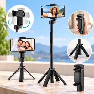 Tripié selfie stick para celular con brazo telescópico, soporte ajustable y diseño plegable. Ideal para fotos y videos. Venta por mayoreo.