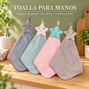 Toalla para manos de felpa con colgador de estrella. Mide 45 × 23 cm y viene en colores surtidos-  por mayoreo