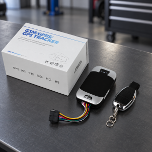 Rastreador vehicular GPS-303 GSM/GPRS/GPS con arnés de cables y control remoto tipo llavero. Disponible para venta por mayoreo.