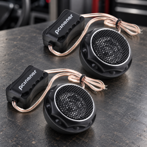 Par de tweeters para audio automotriz con rejilla protectora, aro plateado, cableado y módulos en línea. Disponibles por mayoreo.