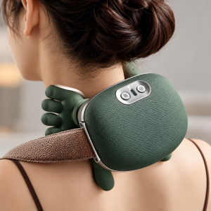 Masajeador para cuello y hombros con cabezales en forma de dedos. Cuenta con panel de botones integrado y correa de sujeción. Diseño en color verde con acabado texturizado y correa café.