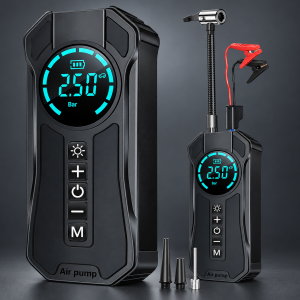 Compresor de aire portátil con pantalla digital iluminada, controles frontales y manguera para inflado. Disponible por mayoreo.