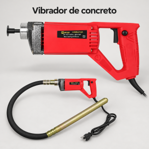 Vibrador eléctrico de concreto con empuñadura, chicote flexible y aguja de inmersión para trabajos de compactación durante el colado. Venta por mayoreo.