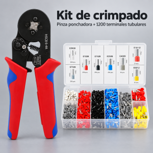 Kit de crimpado con pinza ponchadora de matraca y 1200 terminales tubulares surtidas en estuche organizador. Disponible por mayoreo.