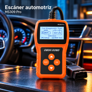 Escáner automotriz MS309 Pro con conexión OBDII/EOBD, pantalla iluminada y botones de navegación. Para vehículos compatibles. Venta por mayoreo.