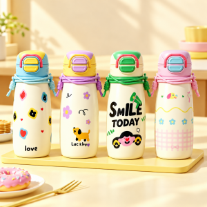 Termo de 750 ml con tapa con broche, correa de transporte y estampados decorativos. Colores y diseños surtidos. Venta por mayoreo.