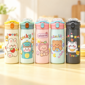 Termo de 500 ml con tapa abatible, cierre de broche y estampados decorativos. Colores y diseños surtidos para venta por mayoreo.