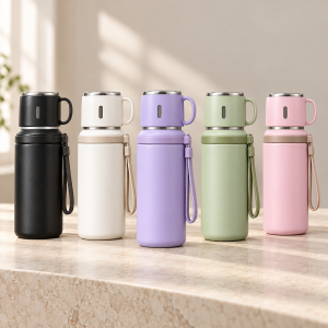 Termo portátil de 800 ml con tapa tipo taza con asa y correa de transporte. Disponible en colores surtidos para venta por mayoreo.