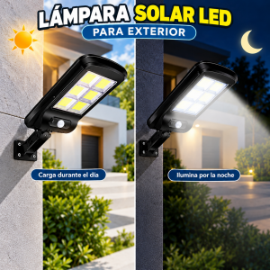 Lámpara solar LED para exterior con sensor frontal y soporte ajustable. Ideal para iluminar patios, jardines, entradas, cocheras y fachadas. Compra por mayoreo.