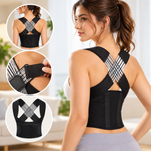 Corrector de postura para espalda y hombros con tirantes cruzados, soporte envolvente y ajuste mediante correas. Venta por mayoreo.