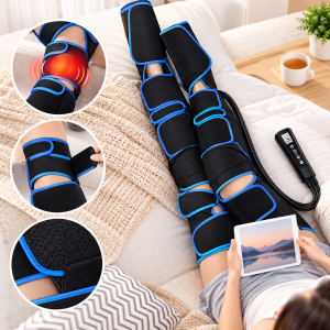 Masajeador eléctrico envolvente para piernas con secciones ajustables y control integrado. Práctico para descanso y relajación. Venta por mayoreo.