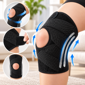Rodillera ajustable con abertura para rótula, correas envolventes, material transpirable y soporte lateral. Venta por mayoreo.