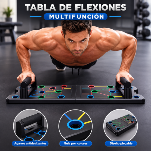 Tabla para flexiones con agarraderas desmontables, guía de posiciones por colores y diseño plegable. Ideal para entrenamiento. Venta por mayoreo.