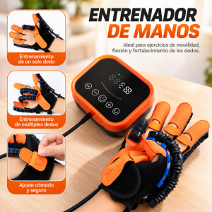Entrenador eléctrico para manos y dedos con guante ajustable y unidad de control. Para ejercicios asistidos de movilidad y flexión. Venta por mayoreo.