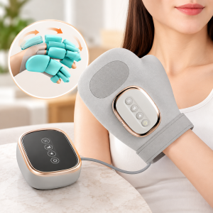 Masajeador eléctrico para mano con compresión de aire, función de calor y controles integrados. Diseño cómodo y envolvente. Venta por mayoreo.