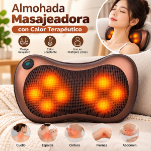 Almohada masajeadora eléctrica con nodos de masaje y función de calor. Diseño compacto para cuello, espalda, cintura y piernas. Venta por mayoreo.
