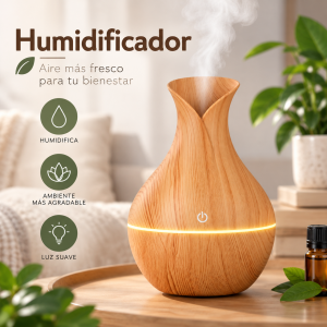 Humidificador ultrasónico con acabado tipo madera, diseño elegante y funcionamiento silencioso. Ideal para hogar, oficina y espacios de relajación. Venta por mayoreo.