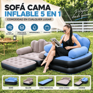 Sofá cama inflable 5 en 1 resistente, impermeable y portátil. Ideal para camping, jardín, playa y uso en el hogar. Venta por mayoreo.