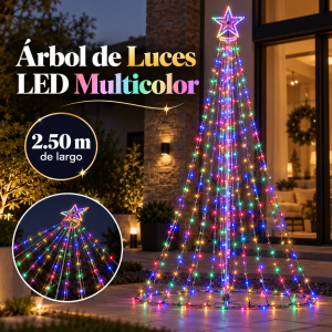 Árbol de luces LED multicolor de 2.50 m, ideal para decoración e iluminación de temporada.